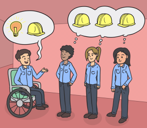 illustration of four coworkers. one has a thought bubble with a light bulb and a hard hat. the other three share a thought bubble featuring three hard hats