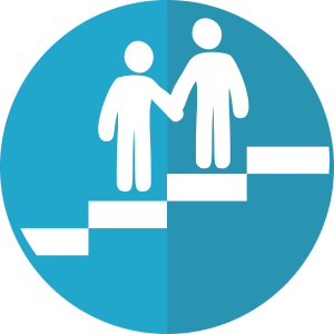 a staircase illustration with two stick figures on different levels, holding hands