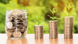 a jar of coins next to increasingly tall stacks of coins. each of the stacks has a small plant sprouting from it