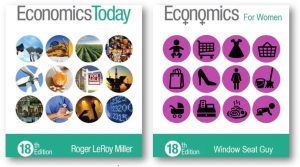 two books. one is entitled "Economics Today" and has pictures representing different parts of the economy. the other is entitled "Economics for Women" and has icons commonly associated with household chores.