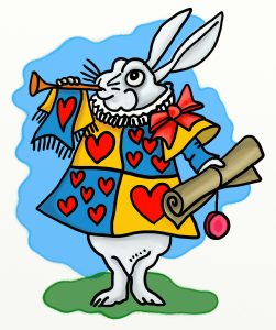 a cartoon rabbit reminiscent of Alice in Wonderland holds a rolled parchment in one hand and a bugle to its mouth with the other hand