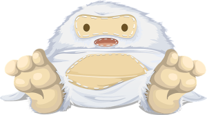 friendly cartoon yeti sits with its feet facing forward