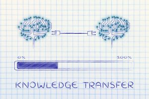 knowledge transfer: electronic circuit brains connected by plugs exchanging information with progress bar loading